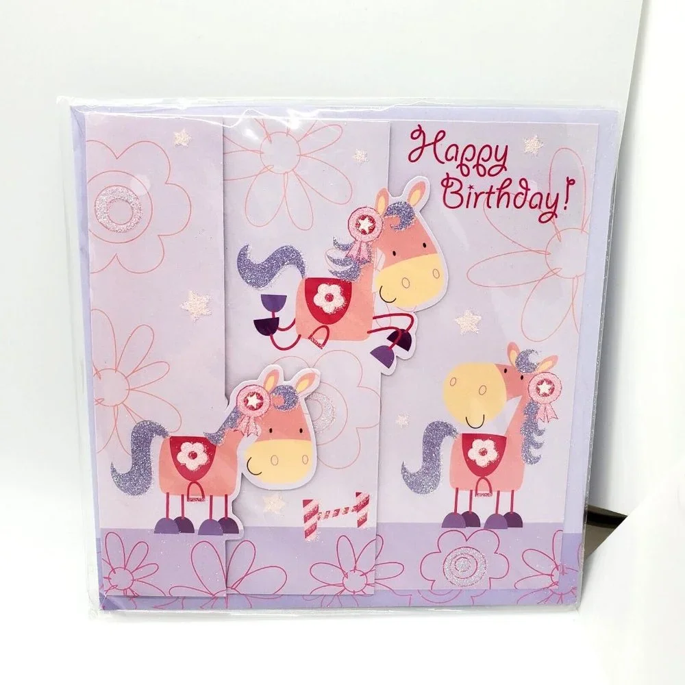 Magi Design London Large Glitter Blank Happy Birthday Greeting Card *Horses*